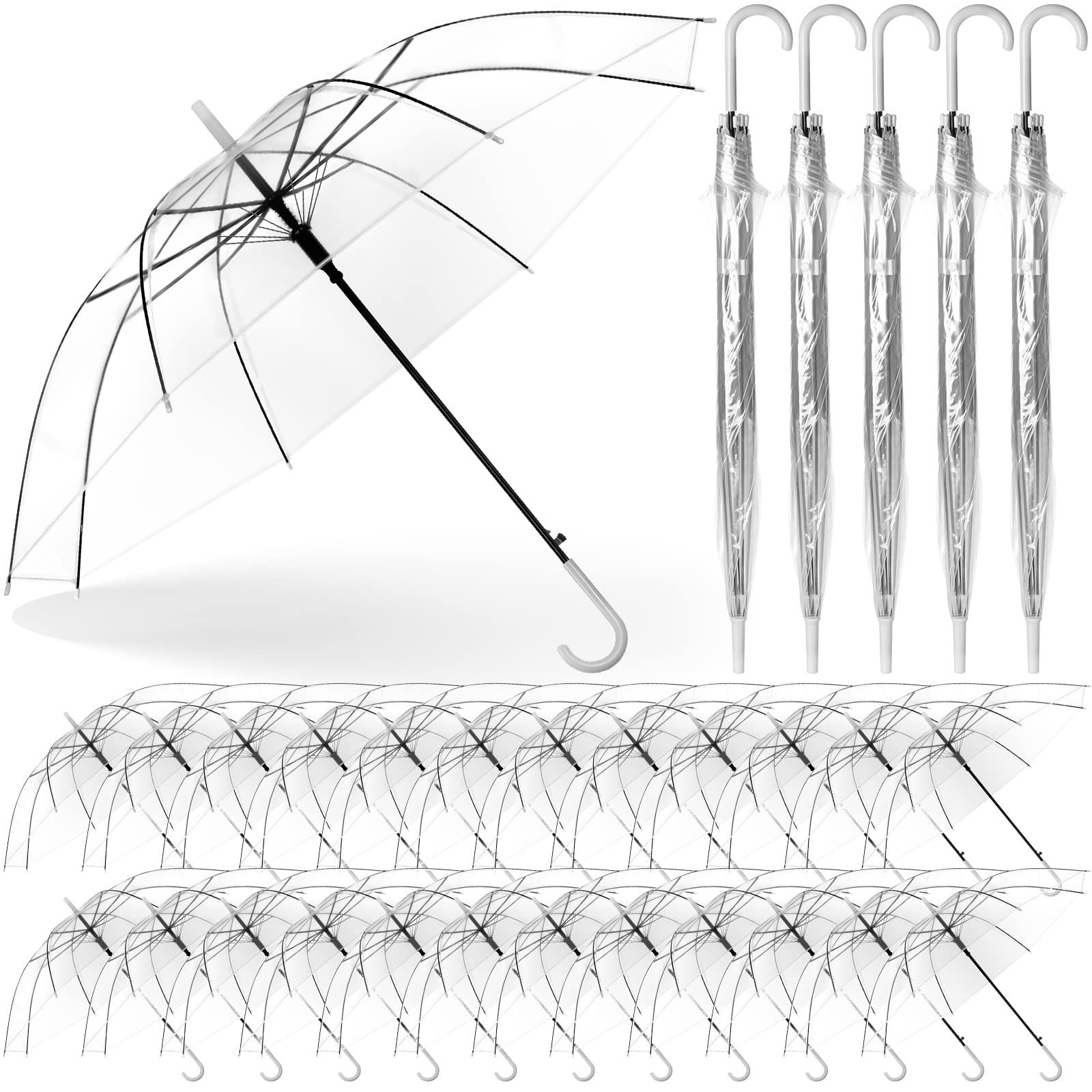 Reginary 30 Pieces Wedding Umbrellas Bulk Auto Open Stick Umbrellas With White European J Hook Handle Windproof Large Canopy Umbrella For Outdoor Wedd