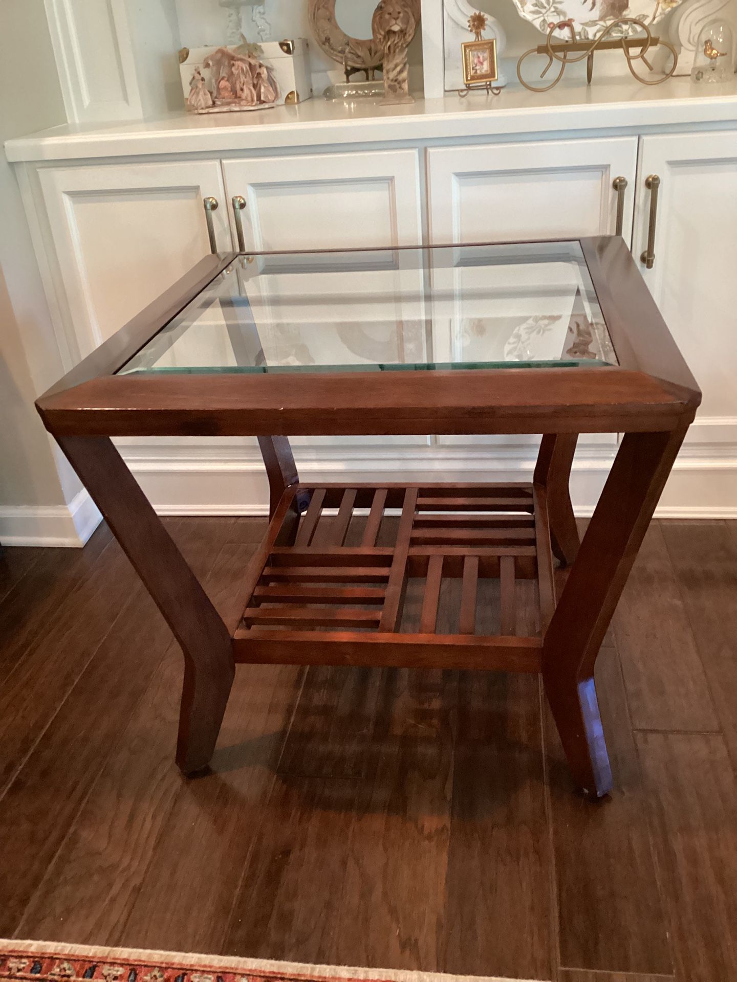 (Retail $225) Standard Norway Modern Slatted Wood Glass Top Table 24”T, 28”W