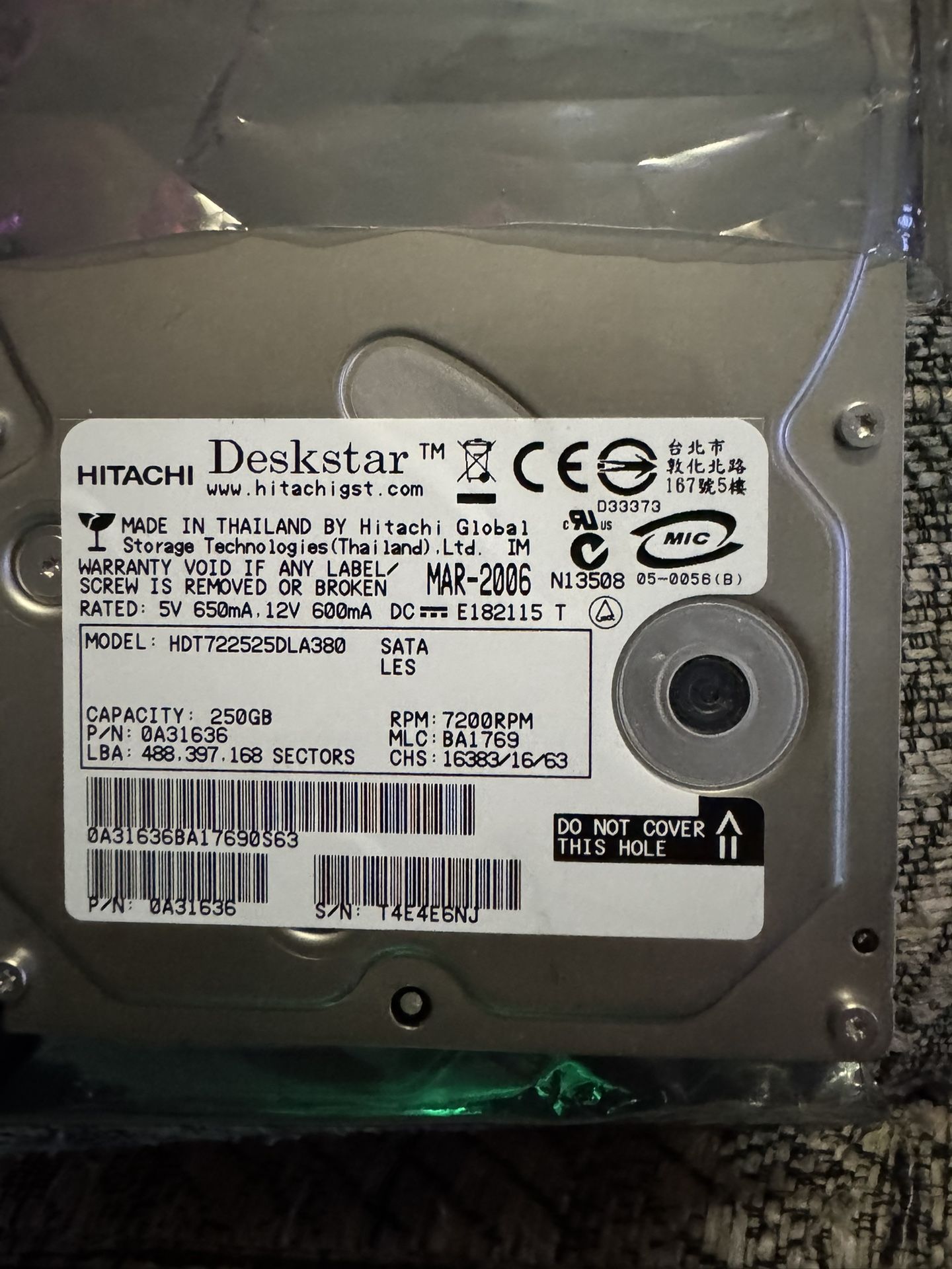 250GB Hitachi Deskstar Sata Hard Drive