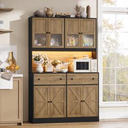 Homfa 71'' Kitchen Pantry Cabinet with LED Lights & Charging Station, Freestanding Kitchen Cupboard with Storage Drawer& Microwave Stand, Hutch Cabine