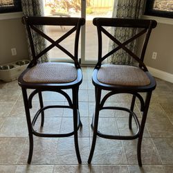 Set Of Two-Wood/Rattan Barstools
