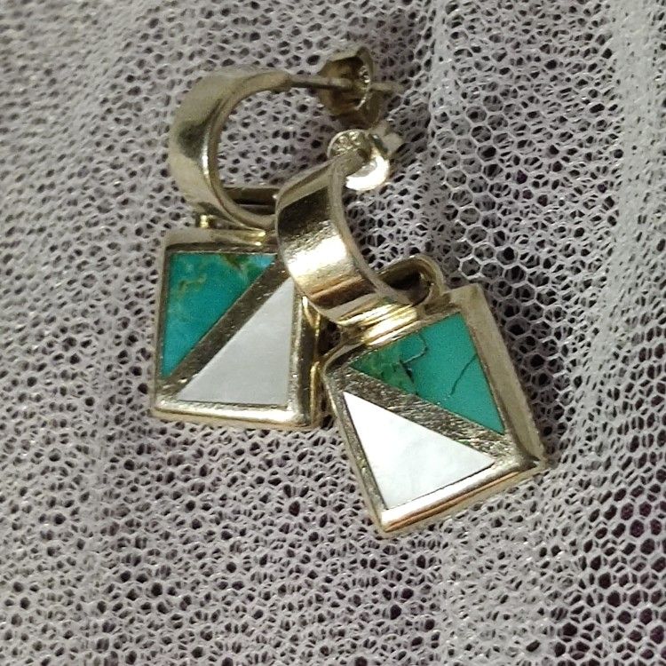 Sterling Silver Earrings With Turquoise And Mother Of Pearls