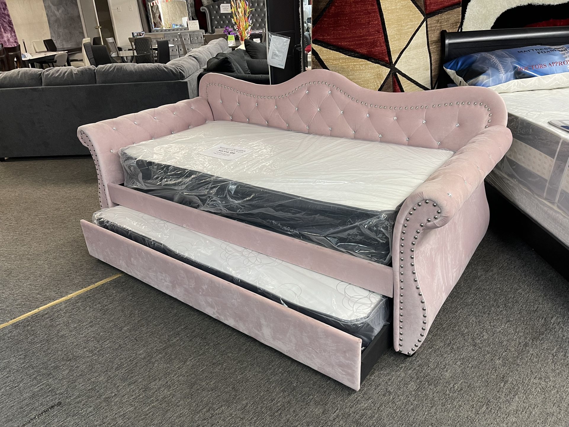 Pink Velvet Day Bed Twin-Twin (Floor Model) With 2 New Twin Mattress 