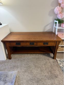 Mission Style Oak Coffee Table with Storage Drawers & Bottom Shelf