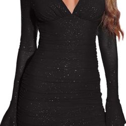 Black Women's V Neck Sheer Long Sleeve Mini Dress Sequin Ruched Bodycon Cocktail Party Dresses