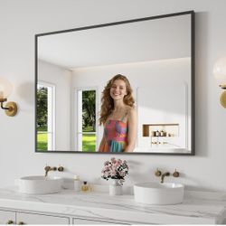 (Small Damage) Bathroom Mirror 36"x48" Matte Black Rectangle Bathroom Wall Mirror for Over Sink, Modern Large Vanity Mirror, HD Tempered Glass, Anti-R