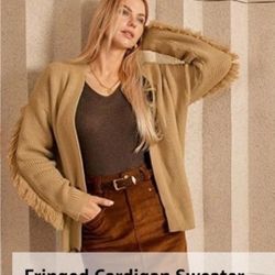 Warm Fringed Cardigan Sweater Sz L Grace Karin Camel Tan NWT Casual