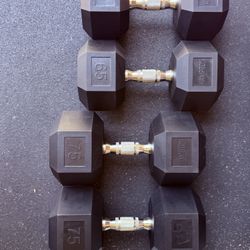 Pair Of 65 & 75 lbs. Rubber Hexagon Dumbbells. Hamilton