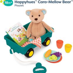Toys- Happyhues - Cara-Mellow Bear Playset- Plush Bear with Picnic Play Set-Board Book - Wagon & Play Food - 18 Months