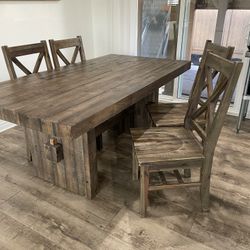 Reclaimed Real Wood, Brown, Dining Table with matching 4 chairs (72” x 39” x 31”).  Already Disassembled.  In Excellent Condition.  