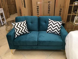 2-pc sofa set loveseat & Sofa teal green velvet fabric upholstered