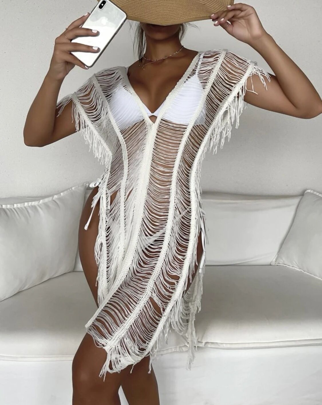 Bikini Coverup White Fringe Sexy Beach Sundress Tunic