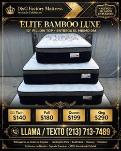 •  Elite Bamboo queen  12” pillow top.      New mattress in a plastic sealed.     We offer same day delivery  Venta de colchones  ☎️📲call or Tex (213