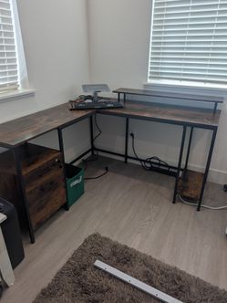 L-Shaped Desk w/ Powerstrip, Locking Cabinet, and Shelf