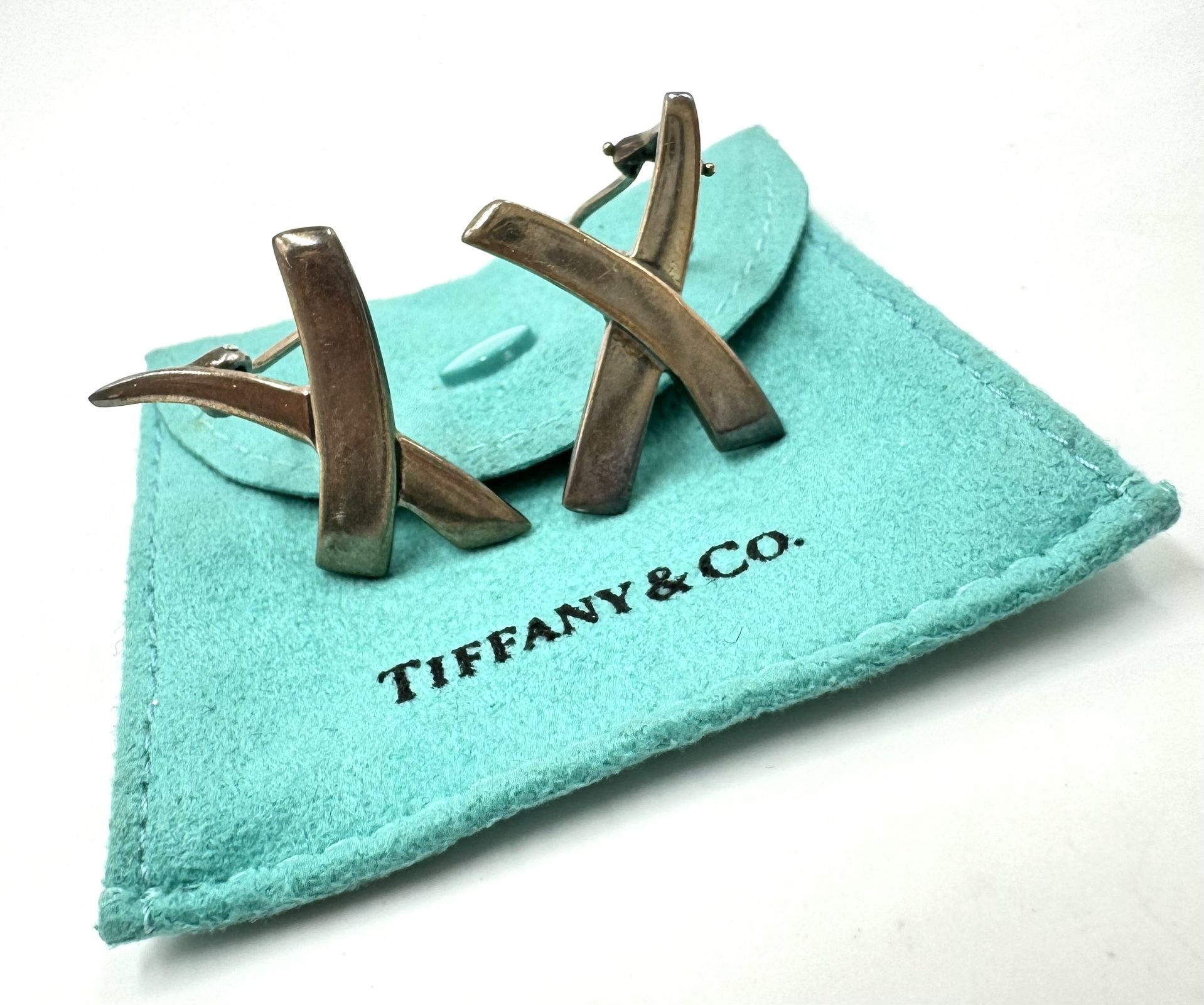 Vintage Estate Tiffany & Co Sterling X Earrings, Post Omega Backs