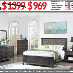 4pc Bedroom Set $969 Queen $1069 Eastern King/California King Includes Bedframe Dresser mirror nightstand Rustic Brown Bedroom Set