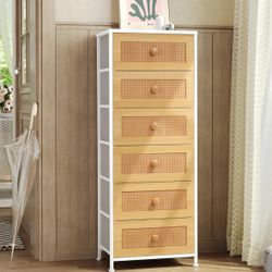 5 Drawers Rattan Dresser, Tall Fabric Storage Tower