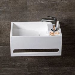 Stone Resin Solid Wall-Hung Bathroom Ramped Sink With Towel Bar In Matte White-837