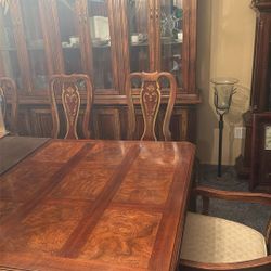 Cherry Inlaid Wood Table with 8 Chairs And China Cabinet