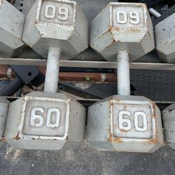 60lb Hex Iron Dumbbell Set Weights 