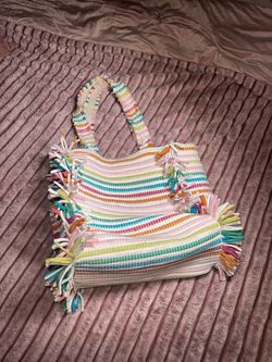 Multicolor Striped Woven Tote Bag with Fringe