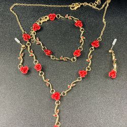 Roses Antique Gold Tone Necklace & Bracelet Set