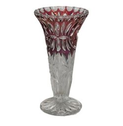 Vintage Crystal Trumpet Vase Ruby Red Clear Hobstar Flower 1980’s 6.75” Flared
