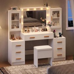 58.4" Large Makeup Vanity with Mirror, Vanity Set with Stool Lights 8 Drawers 2 Glass-Door Cabinets Power Outlet Phone Groove Vanity with Chair Makeup