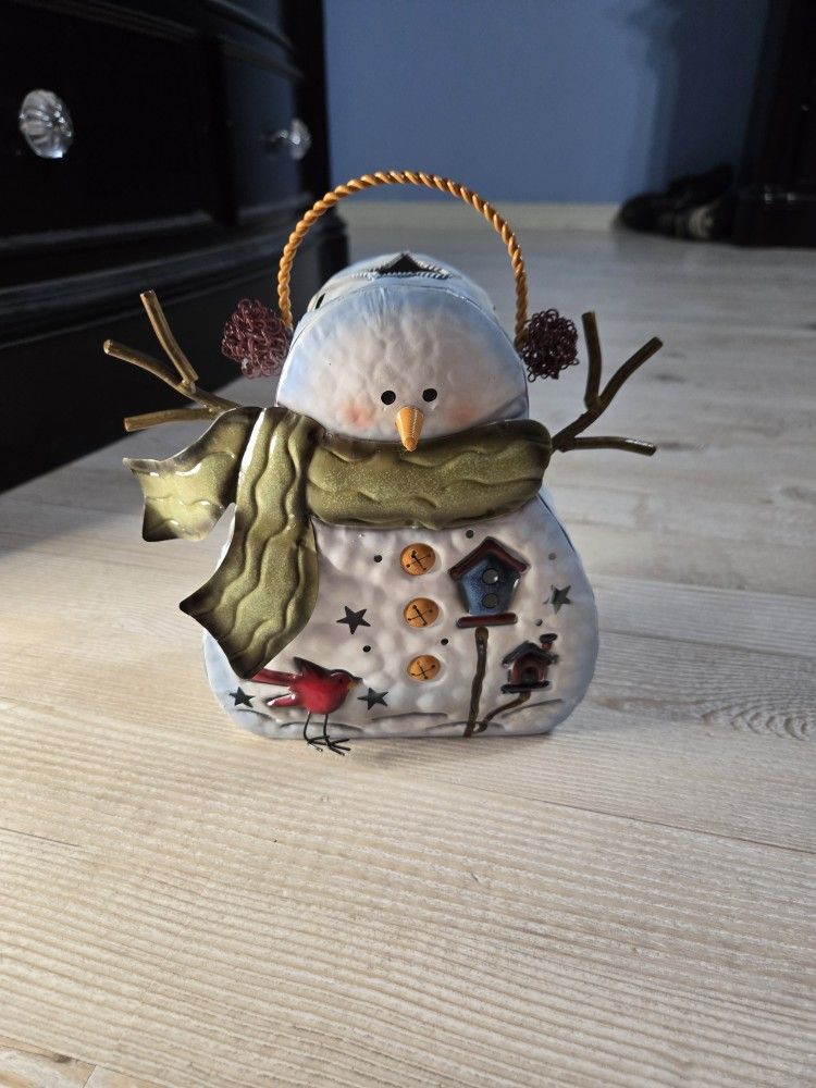 Rustic Metal Snowman Lantern Tin Tealight Holder