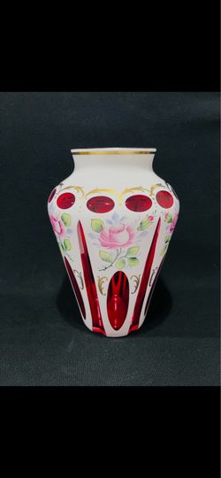Decorative white glass vase with vivid red cut-glass panels and hand-painted pink rose motifs