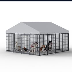 Large Dog Kennel Outdoor Pet Pens Dogs Run Enclosure Animal Hutch Metal Coop Fence with Roof Cover. 9.62'L x 9.35'W x 6.18'H.