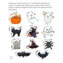Brand new 11 PCs Halloween Stainless Steel Cookie Cutter Set, Pumpkin, Bat, Ghost, Witch, Witch's Hat, Cat, Skull, Spider, Tombstone Shaped Cookie Cut
