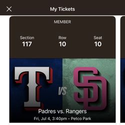 Padres Vs Rangers July 4th - 4 Tickets