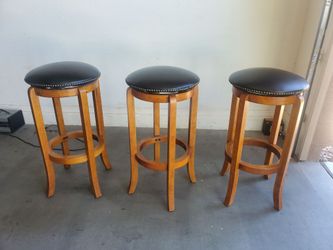 Set of 3 Wooden Bar Stools with Black Leather Seats