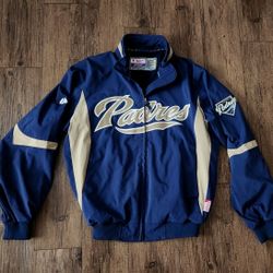 Majestic Vintage San Diego Padres Jacket Men's SZ Medium Blue Fleece Lined Baseball MLB Authentic Y2K VTG Rare Full zip multiple pockets 