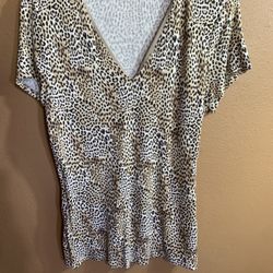 INC Animal Print V-Neck Short Sleeve Top XL