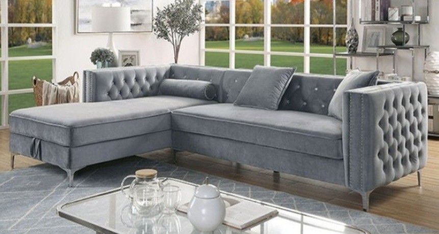 Brand New Grey Super Plush Sectional w Storage Chaise Lounge (Pillows Included)