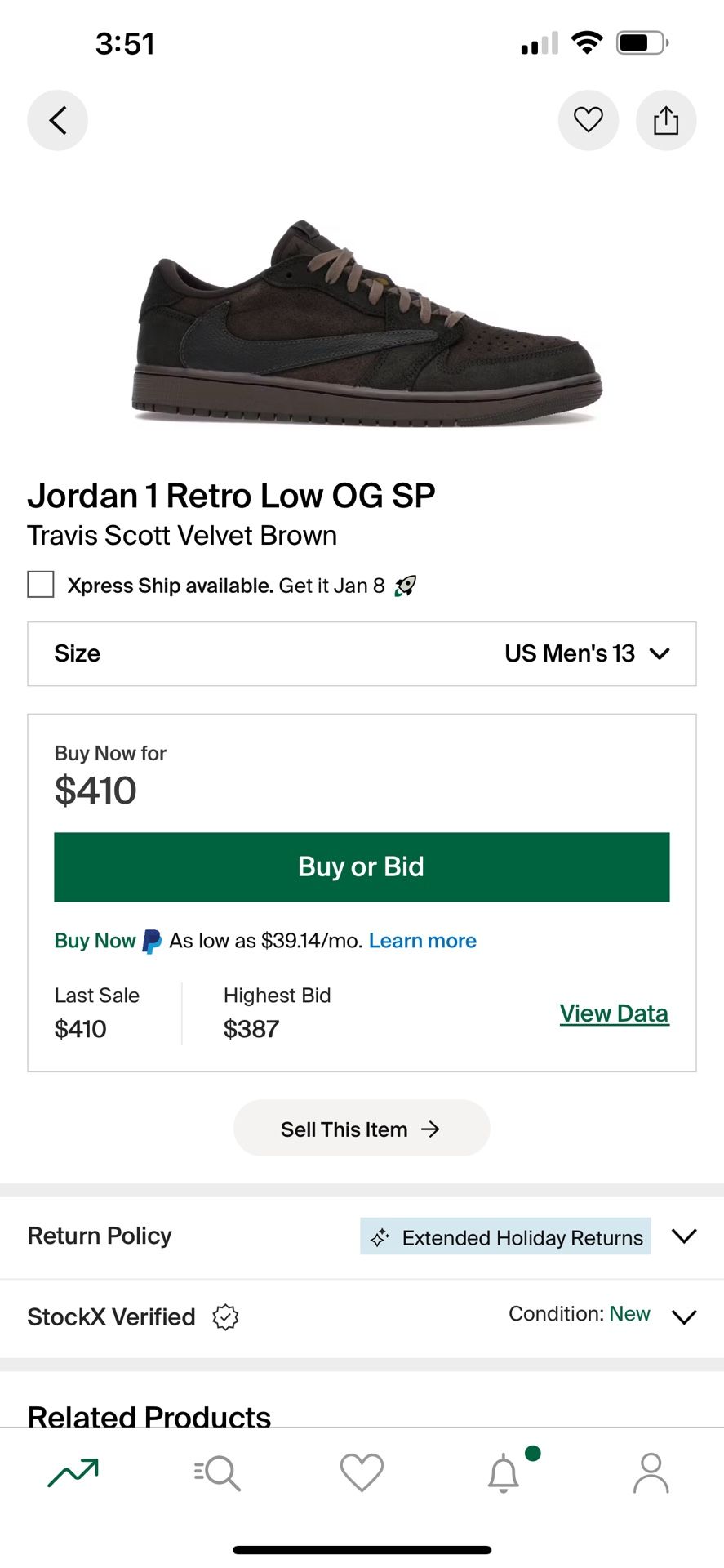 Brand New Travis Scott Velvet Brown Size 13