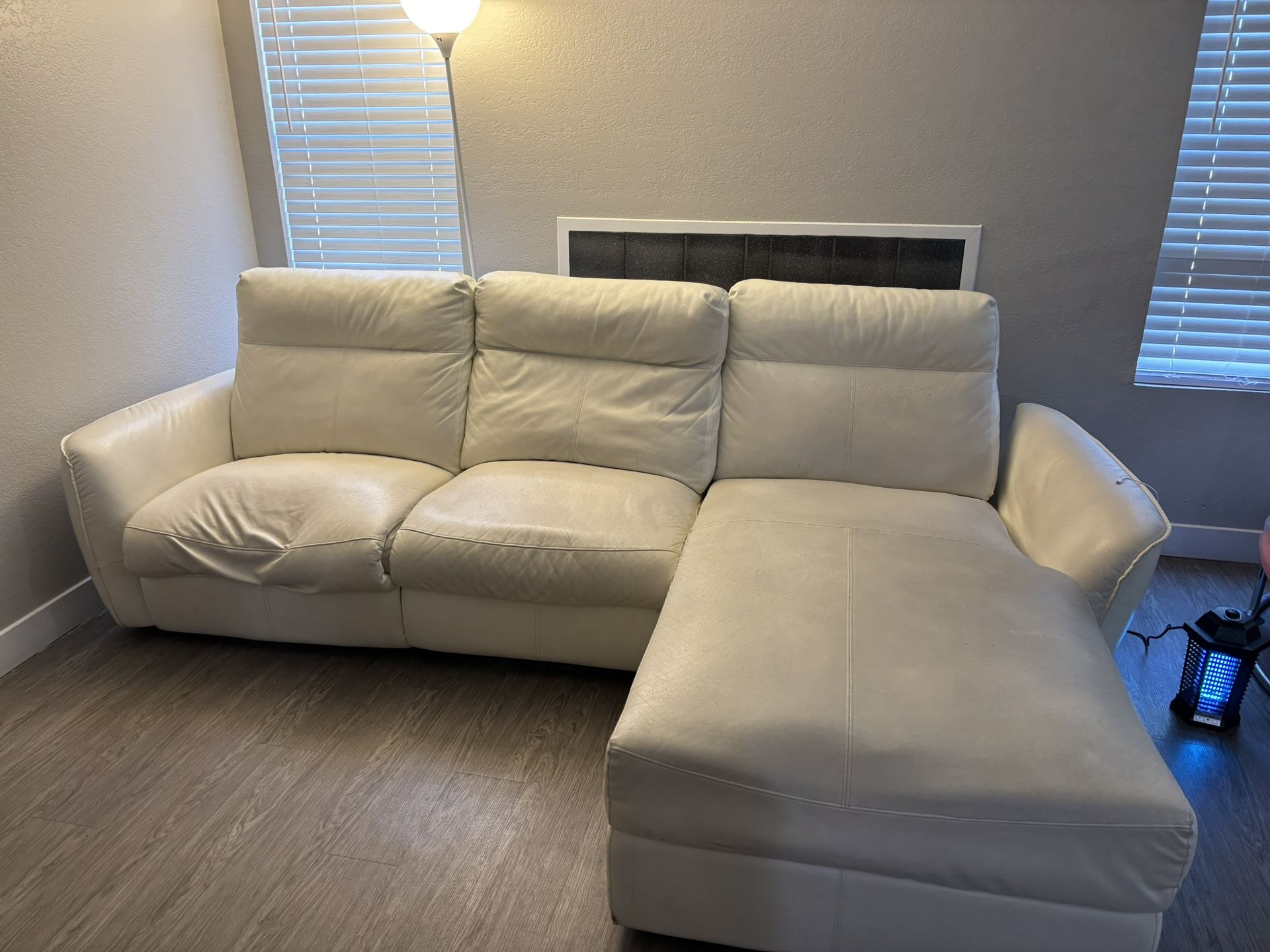 White Leather Recliner Sofa w/ Charging Ports