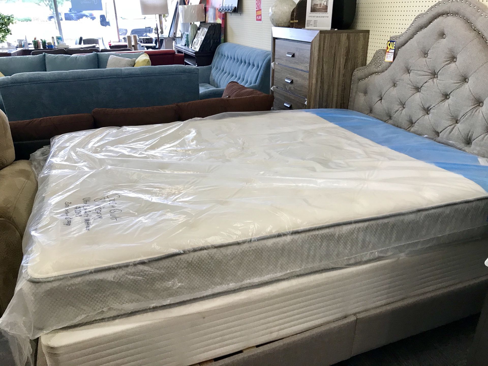 New 8” Inner Spring Ultra Comfort Queen Mattress for $209, Box Spring $99, Upholstered Bed $329