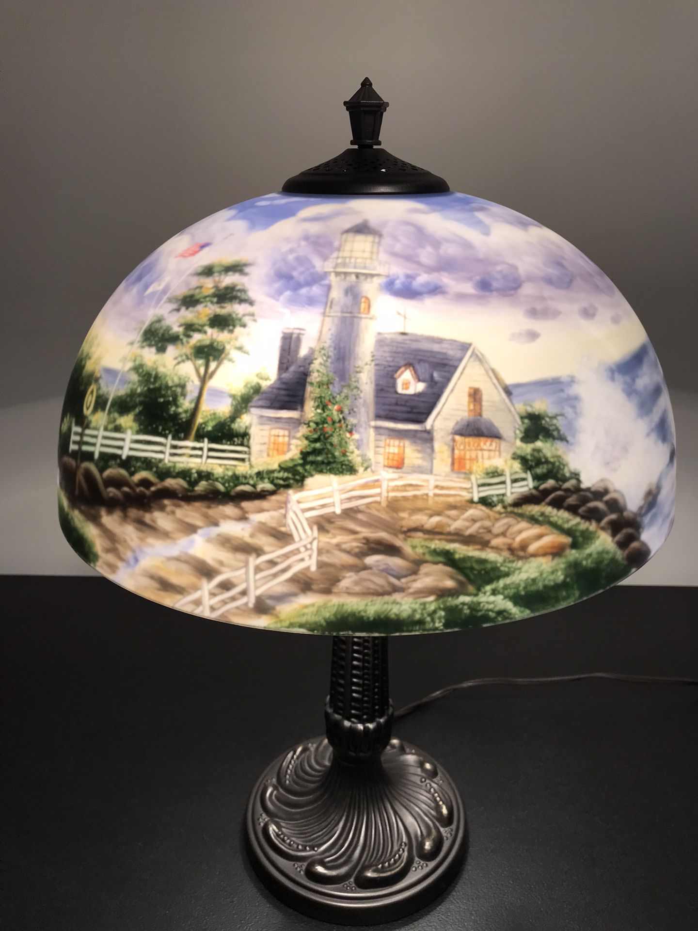Authentic Thomas Kincaid reverse painted lamp (painting on inside of lamp)