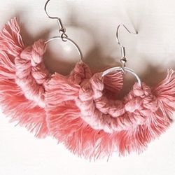 Pink Macrame Fringe Earrings 