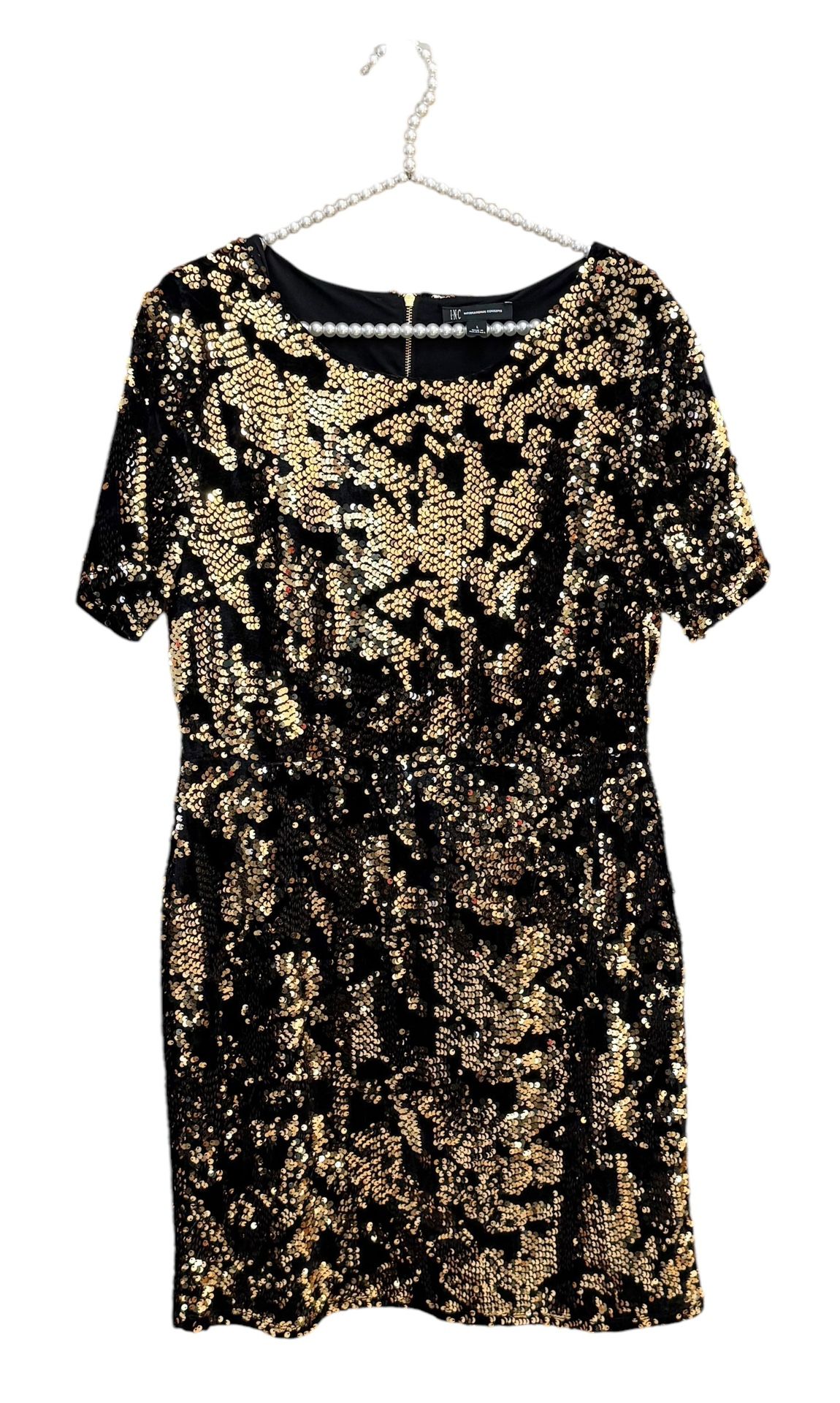 INC INT’L CONCEPTS Womens L Black Velvet Gold Sequin Short Sleeve Cocktail Dress