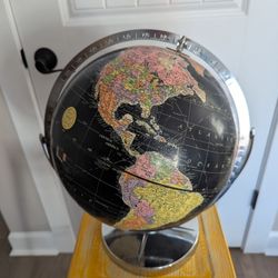 Vintage Replogle 12” Starlight Black World Globe With Chrome Base