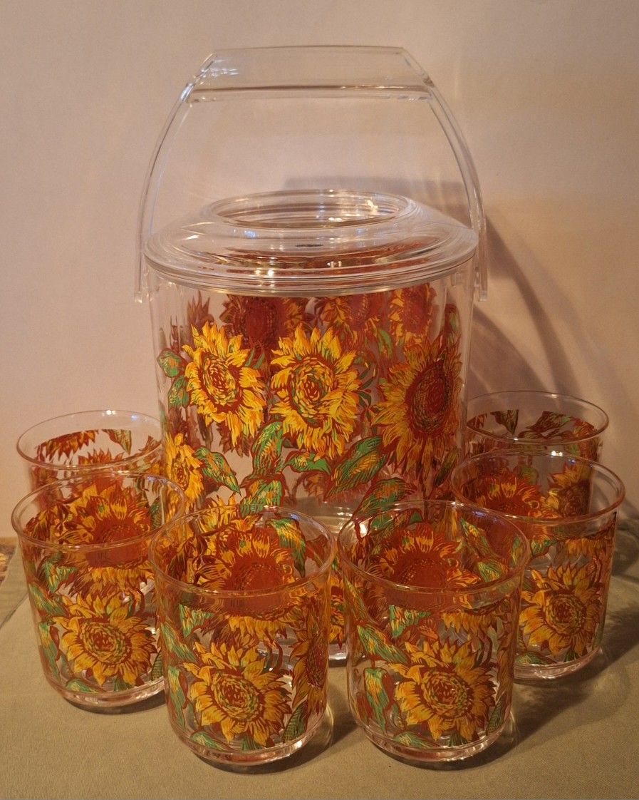 Vintage CULVER Sunflower Ice Bucket & 6 Short Tumblers Made Of Acrylic/Lucite