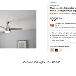 Hampton Bay 44" Brushed Nickel Ceiling Fans (2 Pack) – Brand New