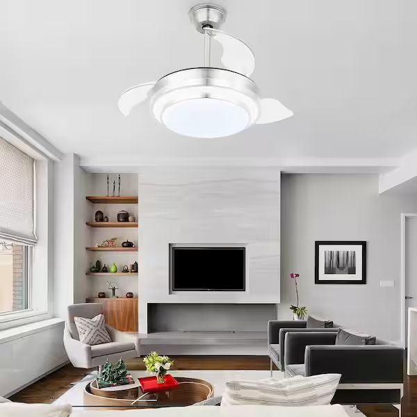36 in. Indoor Brushed Nickel Retractable Ceiling Fan with LED Light and Remote 6 Speed Reversible Ceiling Fans
