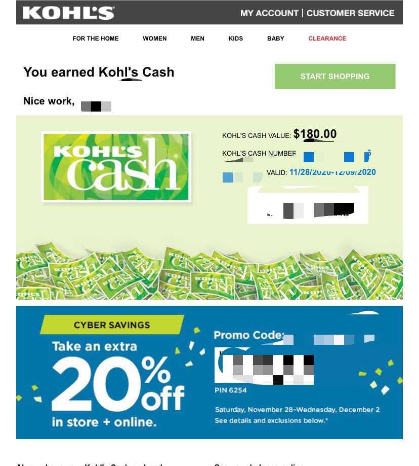 Kohl’s Cash $180 Valid 11/28-12/09