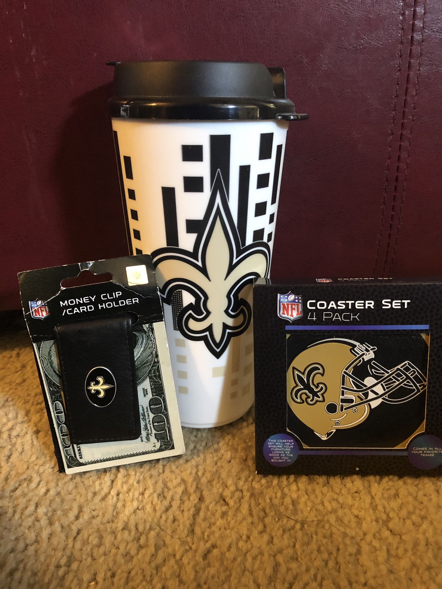 New Orleans Saints cup coaster set and moneyclip