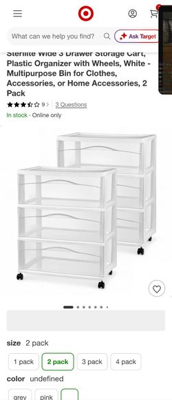 Sterilite Wide 3 Drawer Storage Cart, Plastic Organizer with Wheels, White - Multipurpose Bin for Clothes, Accessories, or Home Accessories, 2 Pack